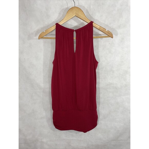 White House Black Market Keyhole Stretch Blouse Top Burgundy Size S - Picture 2 of 9
